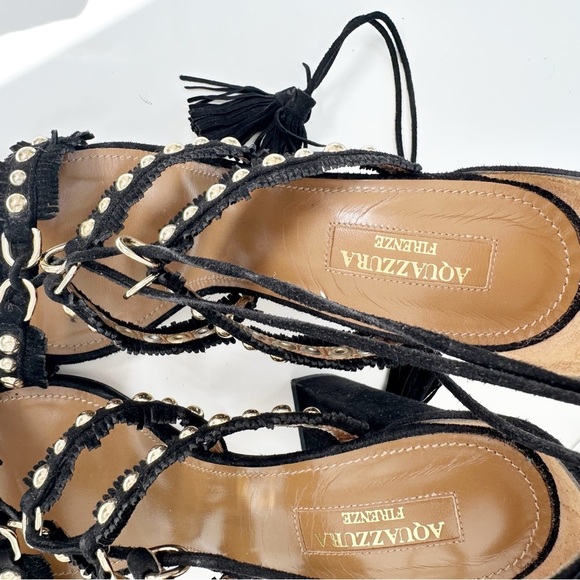 Aquazurra Block Heel Lace Up Heel 6.5 Talum black Suede Gold Studs Tulum - Picture 8 of 12